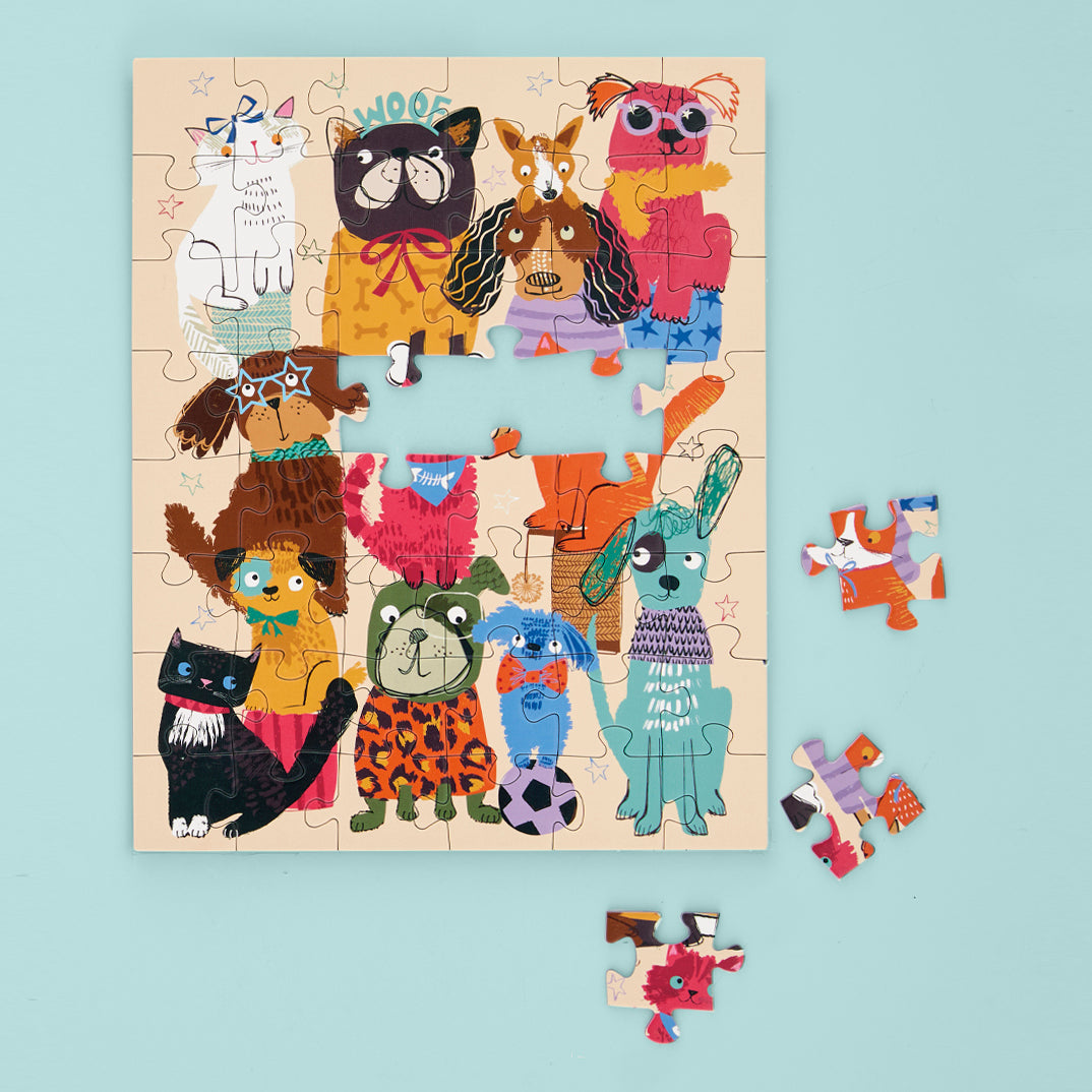 Fur Babies 48 Piece Puzzle Snax, art by Helen Black, dogs & cats kids jigsaw puzzle, cute animal puzzle for beginners