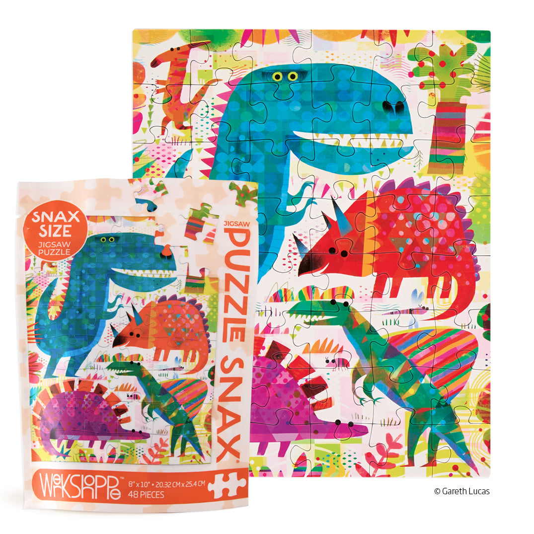 Dinosaur Day 48 Piece Puzzle Snax, art by gareth lucas, dinosaur kids puzzle, on the go puzzles for kids, puzzles for beginners