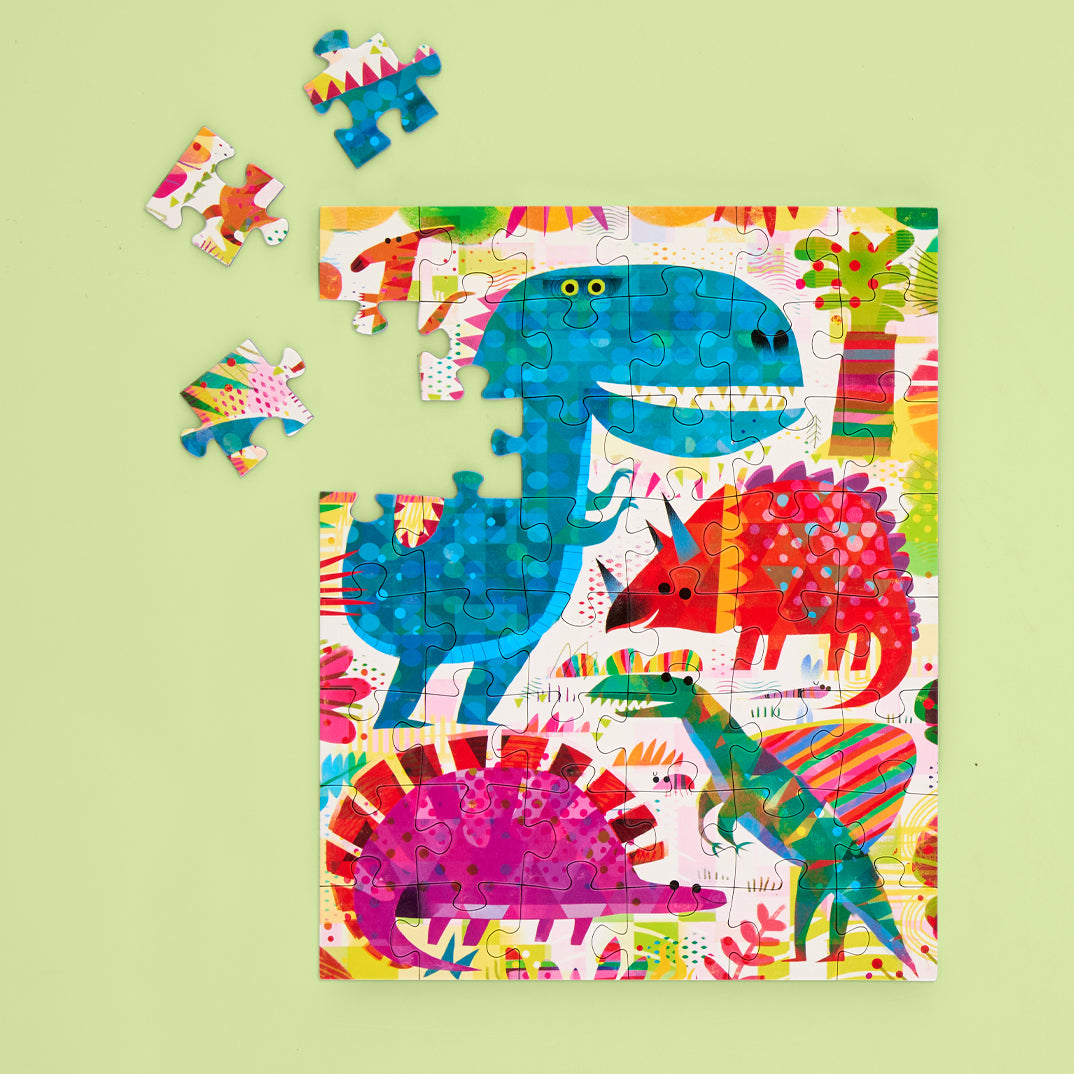 Dinosaur Day 48 Piece Puzzle Snax, art by gareth lucas, dinosaur kids puzzle, on the go puzzles for kids, puzzles for beginners