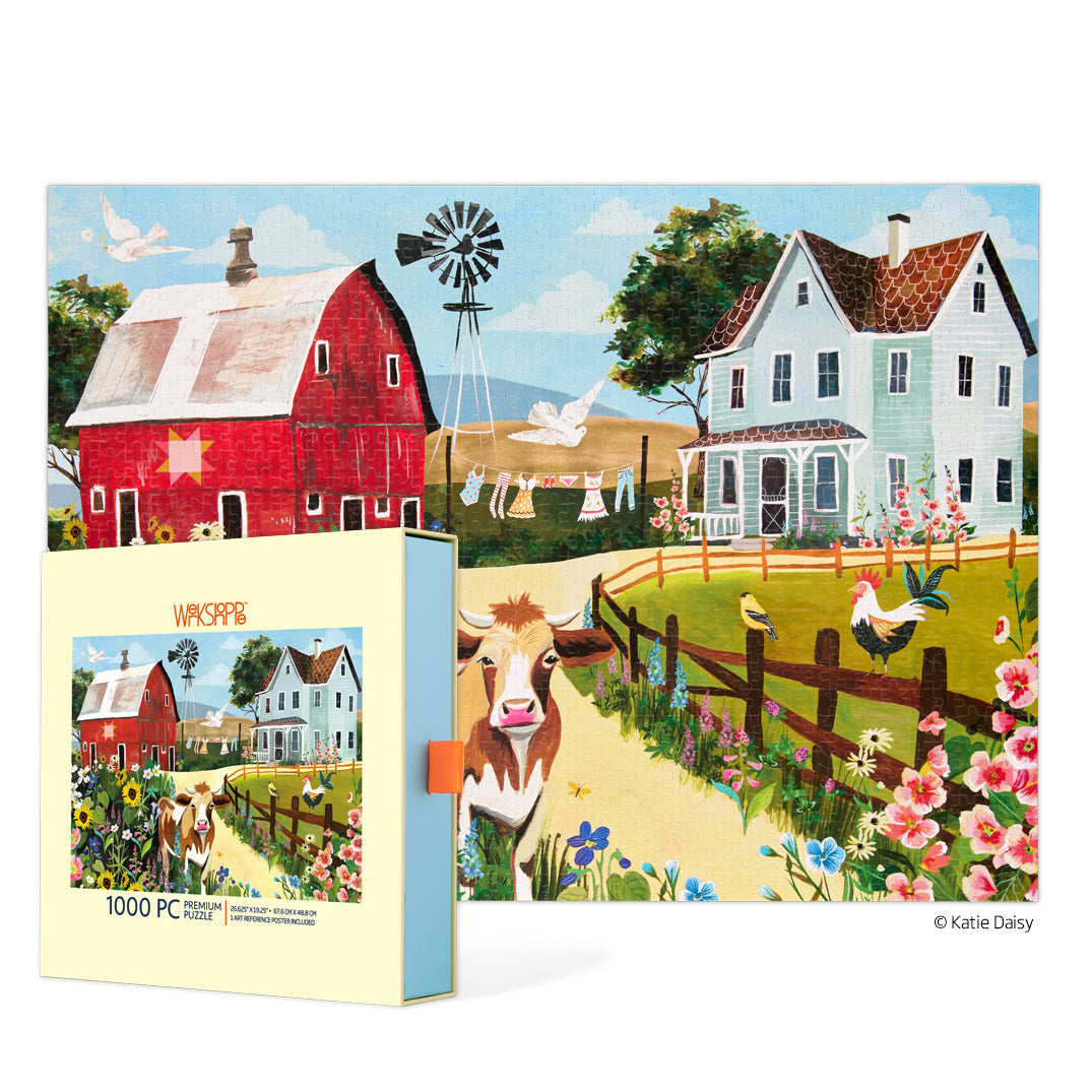 Wildflower Farm 1000 Piece Puzzle, art by katie daisy, barn & farm house scene, puzzles for adults, unique jigsaw puzzles