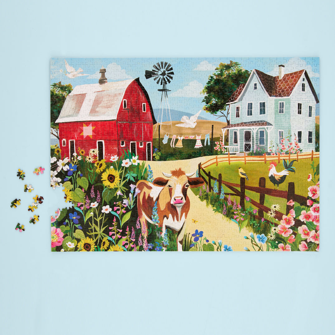 Wildflower Farm 1000 Piece Puzzle, art by katie daisy, barn & farm house scene, puzzles for adults, unique jigsaw puzzles