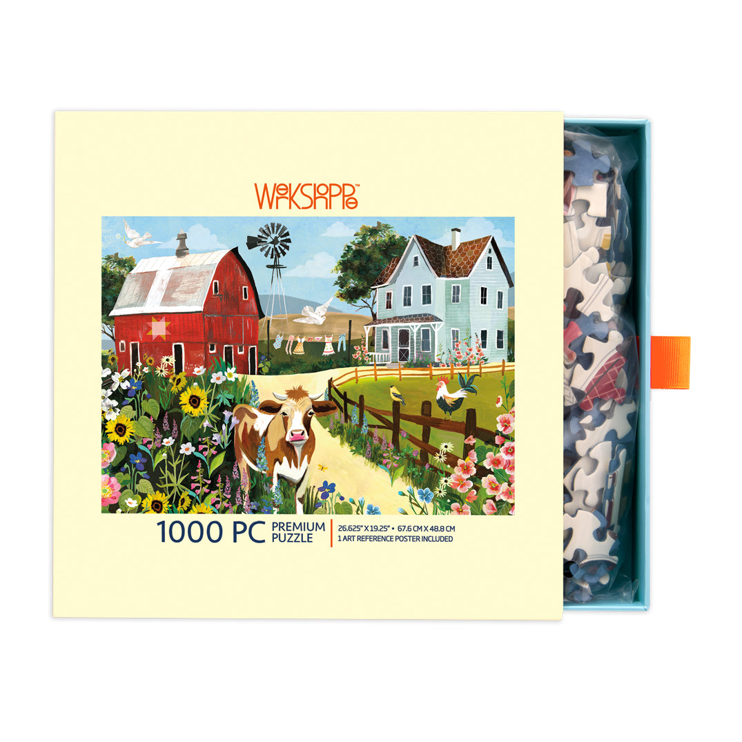 Wildflower Farm 1000 Piece Puzzle, art by katie daisy, barn & farm house scene, puzzles for adults, unique jigsaw puzzles